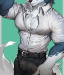 absurd_res anthro blue_wolf_(ty_arashi) bottomwear bulge canid canine canis clothed clothing detailed_bulge dress_shirt erection erection_under_clothing genital_outline hair hi_res male mammal multicolored_body muscular muscular_male pants pecs penis_outline shirt solo tail topwear ty_arashi wet wet_clothing wolf