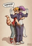 anthro belt blush clothed clothing duo female fully_clothed hand_in_pants male male/female surprise text posspowered cora_vayre_(posspowered) cypress_(weavilead) albino_raccoon domestic_cat felid feline felis maine_coon mammal english_text hi_res