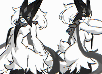 anthro belly breast_curtains breasts butt female female_anthro fluffy looking_at_viewer medium_breasts navel short_tail solo tail chunniwa nintendo pokemon felid generation_9_pokemon mammal meowscarada pokemon_(species) absurd_res black_and_white hi_res monochrome sketch