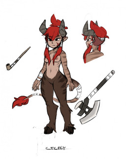 5_fingers arm_wraps axe barely_visible_genitalia barely_visible_vulva breasts brown_body brown_fur brown_skin female fingers frown fur genitals hair hooves horn humanoid_hands humanoid_pointy_ears melee_weapon navel nipples nude pigtails pink_nipples pipe pointy_ears red_hair simple_background solo standing stripes tail tail_wraps vulva weapon white_background wraps stylusknight cicely humanoid mammal satyr full-length_portrait hi_res portrait