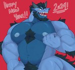 anthro barazoku beard big_muscles blue_body body_hair facial_hair fist hair horn male muscular muscular_anthro muscular_male nipples nude pecs red_background simple_background smile smiling_at_viewer solo tail text castrodour mythology castro_(castrodour) dragon mythological_creature mythological_scalie scalie hi_res