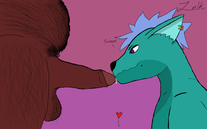 anthro balls bodily_fluids body_hair compliment duo foreskin genital_fluids genitals hairy_balls human_on_anthro humanoid_genitalia humanoid_penis interspecies male male/male penis penis_on_face precum thick_penis zelk human kobold mammal scalie 16:10 hi_res widescreen
