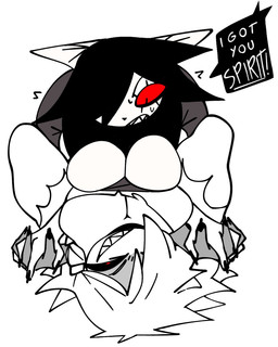 anthro big_breasts black_hair black_sclera bodily_fluids breast_squish breasts breasts_frottage cleavage clothed clothed_female clothing duo eyelashes female female/female female_anthro fingers grey_clothing hair hair_over_eye huge_breasts interlocked_fingers narrowed_eyes one_eye_obstructed pinned pupils red_pupils red_sclera sharp_teeth smile speech_bubble squish sweat sweatdrop teeth text torn_clothing white_body white_ears white_hair xarop77 catwitch_(xarop77) narcissist_ghost_girl_(ghastlybum) domestic_cat felid feline felis ghost mammal spirit english_text hi_res