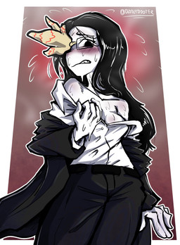 1_eye bare_shoulders belt big_breasts black_hair blush blush_lines bodily_fluids bottomwear breasts button_(fastener) clenched_teeth clothed clothing collared_shirt denim denim_bottomwear denim_clothing dress_shirt embarrassed eyewear female flying_sweatdrops glasses hair jacket jeans long_hair nervous nervous_smile nervous_sweat open_clothing open_jacket open_suit open_topwear pants shirt simple_background slacks solo suit suit_jacket sweat sweatdrop sweaty_breasts teeth text topwear wearing_glasses white_body white_clothing white_shirt white_skin white_topwear diddlydooter1 ena:_dream_bbq ena_(series) coral_glasses_(ena) animal_humanoid anthozoan anthozoan_humanoid cnidarian cnidarian_humanoid coral coral_humanoid digital_creature dream_creature humanoid marine marine_humanoid absurd_res artist_name digital_drawing_(artwork) digital_media_(artwork) hi_res signature