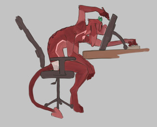 4_arms anthro chair clothed clothing computer_keyboard desk drawing_pen drawing_tablet eyewear fur furniture glasses horn humanoid_hands hunched_over leaning leaning_forward male multi_arm multi_limb office_chair red_body red_fur round_glasses solo spade_tail table tail topless topless_anthro topless_male underwear wearing_glasses white_clothing white_underwear redishdragie multum demon digital_drawing_(artwork) digital_media_(artwork) english_description