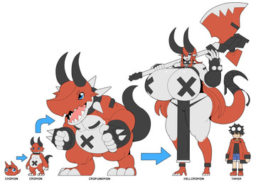 2_horns anthro axe big_breasts big_horn black_body black_clothing black_gloves black_hair black_handwear black_panties black_underwear blue_eyes breasts claws clothed clothing collar directional_arrow duo female fingerless_gloves gloves hair handwear high_heeled_feet holding_axe holding_object horn huge_breasts humanoid_pointy_ears hyper hyper_breasts larger_female larger_humanoid long_hair male multicolored_body nipple_tape panties pasties pelvic_curtain pointy_ears red_body red_hair size_difference skimpy smaller_human smaller_male spiked_collar spikes tape thick_thighs underwear white_body wide_hips casualdemo bandai_namco digimon fakemon digimon_(species) digimon_humanoid human humanoid mammal 2026 absurd_res hi_res