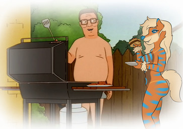 anthro backyard burger casual_nudity convenient_censorship duo eyewear female food fur glasses grill grilling male male/female nude propane_tank spatula standing striped_body striped_fur stripes suntan tan_line tools pickles-hyena king_of_the_hill nintendo pokemon hank_hill maya_henderson arcanine generation_1_pokemon human mammal pokemon_(species)