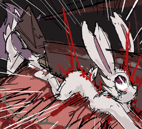 anthro bisected black_body blood bodily_fluids butt cut_in_half death duo female for_a_head fur gore melee_weapon nude simple_background sword tail weapon white_body scrambledeve konami silent_hill pyramid_head samantha_(bateryne) viola_(scrambledeve) humanoid lagomorph mammal mephitid monster object_head skunk hi_res