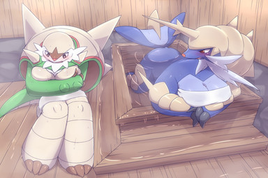 bath bathing big_breasts blush breasts busty_feral cleavage clothed clothing covering covering_self duo embarrassed exposure_variation female feral front_view towel water kajinchu nintendo pokemon chesnaught generation_5_pokemon generation_6_pokemon mammal pokemon_(species) samurott 2016 3:2 hi_res