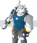 anthro biceps big_muscles clothing dog_tags fur gloves gun handwear male muscular muscular_anthro muscular_male necktie pecs ranged_weapon shirt simple_background solo tank_top topwear weapon greydaboy canid canine canis domestic_dog husky mammal nordic_sled_dog spitz 2018 digital_media_(artwork) hi_res