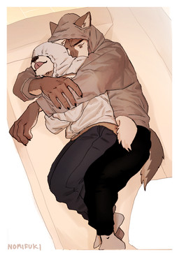 anthro black_nose claws clothing cuddling duo finger_claws furgonomics furniture hoodie hug intimate male male/male obscured_eyes pointy_ears sleeping sleeping_together sofa spooning tongue tongue_out topwear nomifuki kuro_(nomifuki) shiro_(nomifuki) canid canine canis domestic_dog mammal 2022 hi_res