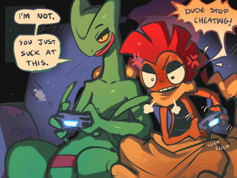 ambiguous_gender angry controller dialogue duo furniture gaming green_body onomatopoeia orange_body playing playing_video_game red_body sitting sofa sound_effects text ponyzilla nintendo pokemon generation_3_pokemon generation_5_pokemon pokemon_(species) sceptile scrafty 4:3 digital_drawing_(artwork) digital_media_(artwork) english_text hi_res