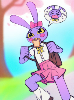 anthro backpack big_ears big_eyes blurred_background bottomwear brown_backpack clothing collared_shirt female fur humanoid_hands outside pink_bottomwear pink_clothing pink_skirt purple_body purple_fur running school_uniform shirt skirt solo toast_in_mouth topwear uniform white_clothing white_collared_shirt white_shirt white_topwear lyssahh glitch_productions the_amazing_digital_circus jax_(tadc) lagomorph leporid mammal rabbit 2026 absurd_res digital_media_(artwork) hi_res trans_(lore) trans_woman_(lore)