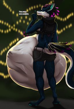 anthro belly big_belly black_bottomwear black_clothing black_topwear blue_body blue_fur blue_pawpads bottomwear cheek_tuft clothed clothing duo facial_tuft fangs feathers foot_imprint fur grin head_feathers huge_belly hyper hyper_belly imprint looking_at_viewer male male_anthro pawpads pink_eyes rear_view smile solo_focus standing tail tail_feathers teeth topwear tuft vore white_body white_fur roobin hollow_(epalisk) rexouium hi_res