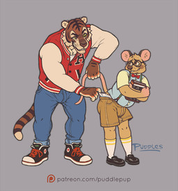 adolescent anthro bodily_fluids bottomwear bullying clothing clothing_pull diaper duo humiliation jacket letterman_jacket male naughty_face plantigrade simple_background slightly_chubby suspenders sweat text topwear underwear underwear_pull young puddlepup felid mammal mouse murid murine pantherine rodent tiger url