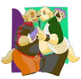 belly bottomwear claws clone clothed clothing duo male scarf shorts slightly_chubby topless exe_exem lifewonders tokyo_afterschool_summoners cu_sith_(tas) canid canine canis domestic_dog mammal digital_media_(artwork) hi_res
