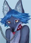 ahegao anthro bdsm blue_hair chain collar female furniture hair heart_eyes heart_symbol looking_pleasured love solo submissive yellow_eyes butterflysneeze canid canine canis coyote fox mammal chromatic_aberration hi_res