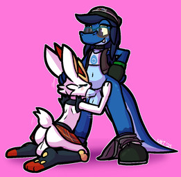 balls big_balls big_butt big_penis black_clothing black_hat black_headwear blue_penis blush bodily_fluids bottomwear bottomwear_around_one_leg bottomwear_down bubble_butt butt clothed clothing clothing_around_one_leg crop_top erection eyes_closed eyewear feet fellatio fingerless_gloves fur genitals glasses gloves green_clothing green_gloves green_handwear grey_bottomwear grey_clothing grey_eyewear grey_glasses grey_jacket grey_pants grey_shirt grey_tank_top grey_topwear hand_on_hip handwear hat head_grab headgear headwear interspecies jacket kilt kneeling leg_grab looking_down male male/male open_clothing open_jacket open_topwear oral pants pants_around_one_leg pawpads penile penis perineum pupils purple_eyes purple_pupils red_body red_fur saliva sex shirt short_tail tail tank_top thigh_grab toeless_(marking) topwear white_balls white_body white_fur white_perineum yellow_inner_ear yellow_pawpads yellow_sclera ultilix nintendo pokemon jamie_mccrimmon ulti_(ultilix) cinderace generation_8_pokemon lagomorph lizard mammal pokemon_(species) reptile scalie 2025