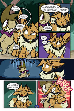 6_panel_comic ambiguous_gender answer bandage biped black_cape black_clothing black_eyes black_nose black_text bodily_fluids branch brown_body brown_fur brown_hair cape clenched_teeth clothing day dialogue dot_pupils duo ellipsis exclamation_point eyebrows eyelashes eyes_closed feral fluffy fluffy_tail forest fur hair hug hugging_another looking_at_another neck_tuft one_eye_closed open_mouth open_smile outside page_number paws plant pupils purple_eyes purple_scarf quadruped question question_mark sad scarf sharp_teeth shrub sigh sitting smile speech_bubble standing sweat sweatdrop tail talking_to_another teeth text toony translucent translucent_hair tree tuft tusks white_sclera virmir nintendo pokemon pokemon_mystery_dungeon spike_chunsoft virmir_(character) zinc_(zincxiron) axew eevee generation_1_pokemon generation_5_pokemon pokemon_(species) 2025 2:3 absurd_res comic english_text hi_res