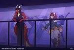 anthro arena balcony big_breasts big_tail blue_lips breasts brown_hair bubble clothing crowd dancing detailed_background dress drunk drunk_bubble duo female femboy group hair holding_object horn huge_breasts huge_tail lips looking_at_another looking_down male male/female multicolored_body night red_body red_hair shirt smile substance_intoxication t-shirt tail text thinking topwear white_body yellow_body rfta mythology ethy_(toastydino) dragon mythological_creature mythological_scalie scalie hi_res url