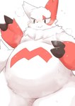 2022 2_fingers anthro belly big_belly biped black_eyes black_nose blush bodily_fluids cheek_tuft claw_fingers claws colored digital_media_(artwork) facial_tuft featureless_crotch finger_claws fingers front_view fur generation_3_pokemon gloves_(marking) half-length_portrait hi_res kemono male male_anthro mammal markings mismatched_ears monotone_tail multicolored_body multicolored_fur neck_tuft nintendo nude overweight overweight_anthro overweight_male pokemon pokemon_(species) portrait red_body red_ears red_fur red_markings shaded simple_background smile solo sweat tail thick_thighs tuft two_tone_body two_tone_fur white_background white_body white_ears white_fur white_tail wide_hipped_male wide_hips xennochan zangoose