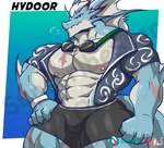 abs anthro bare_chest black_sclera blue_body bottomwear clothing eyewear goggles hair male muscular muscular_anthro muscular_male nipples pecs scar shorts solo tail white_hair yellow_eyes masterelrest lifewonders live_a_hero mythology hydoor dragon mythological_creature mythological_scalie scalie hi_res