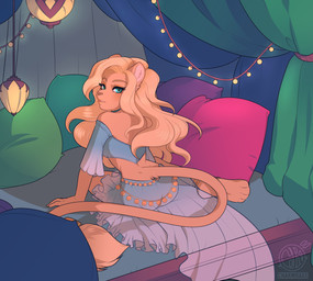 anthro barefoot bed biped blonde_hair blue_eyes breasts butt clothed clothing detailed_background dress eyebrows eyelashes eyeliner feet female fur furniture green_eyes hair harem harem_outfit humanoid_hands inside lamp lantern long_hair looking_at_viewer looking_back makeup mascara midriff on_bed paws pillow pink_nose side_boob slim solo tail tail_tuft tan_body tan_fur translucent translucent_clothing tuft under_boob charmrage felid lion mammal pantherine