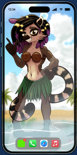 anthro bottomwear bra braided_hair clothing cloud cloudy_sky coconut_bra crystal dreadlocks electronics eyebrows fangs female grass_skirt hair highlights_(coloring) lens_flare markings midriff phone phone_screen purple_highlights sea seaside skirt sky solo tail tail_markings teeth thick_eyebrows underwear water yellow_eyes cosmonaut lemur mammal primate ring-tailed_lemur strepsirrhine absurd_res hi_res