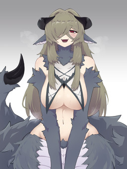 animal_ears apode bedroom_eyes blush bodily_fluids female fur genital_fluids grey_body grey_fur hair horn legless looking_at_viewer narrowed_eyes navel neck_tuft pubes red_eyes seductive serpentine solo split_form stinger stinger_tail sweat tail tan_hair tuft vaginal_fluids yonaga draconcopode lamia reptile scalie snake 2026 3:4 hi_res