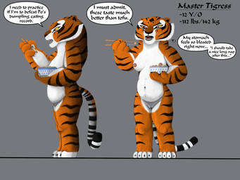 anthro belly breasts butt eating eating_food female genitals overweight plump_labia progression solo thick_thighs vulva weight_gain wide_hips ace-risk dreamworks kung_fu_panda master_tigress felid feline mammal 4:3 hi_res