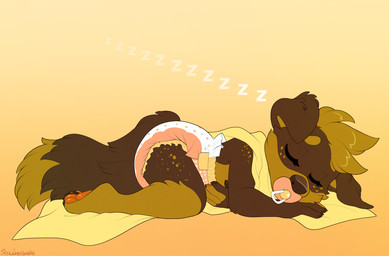 5_fingers anthro bedding blanket clean_diaper clothed clothing daww diaper diaper_only eyes_closed female fingers lying object_in_mouth pacifier pacifier_in_mouth pawpads paws sleeping solo sound_effects topless vowelless vowelless_sound_effect wearing_diaper young young_anthro zzz minettefraise canid canine canis domestic_dog mammal