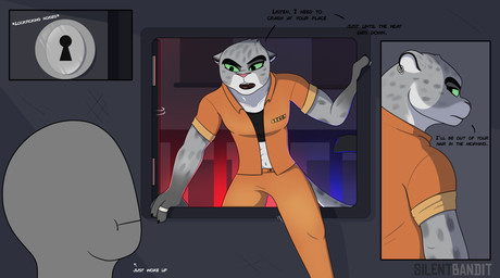 abs bra climbing_through_window clothing dialogue duo ear_piercing eyebrows faceless_character faceless_male female front_view green_eyes lock male on_model orange_jumpsuit piercing pink_nose police prison_uniform ring silver_ring sports_bra text thick_eyebrows underwear silentbandit dreamworks the_bad_guys kitty_kat_(the_bad_guys) felid mammal pantherine snow_leopard absurd_res colored english_text hi_res shaded