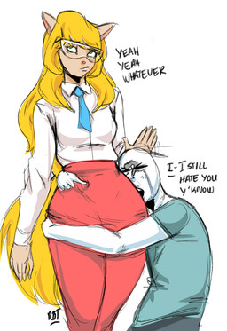 anthro bald blonde_hair bodily_fluids breasts clothed clothing comforting crying dialogue duo eyewear female fully_clothed glasses green_eyes hair hug male patting question_mark simple_background tears text white_background wide_hips redfred hanna-barbera swat_kats anon callie_briggs domestic_cat felid feline felis human mammal english_text hi_res
