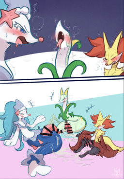 animal_genitalia animal_penis anthro blue_body blue_eyes blush bodily_fluids canine_genitalia canine_penis cum cute_fangs erection eyes_closed fangs feral fur genital_fluids genitals green_body knot looking_pleasured male male_anthro male_feral nude_anthro nude_male open_mouth penis sweat sweatdrop teeth tongue tongue_out yellow_body yellow_fur tenebscuro nintendo pokemon delphox generation_5_pokemon generation_6_pokemon generation_7_pokemon pokemon_(species) primarina serperior 2026 censored comic hi_res