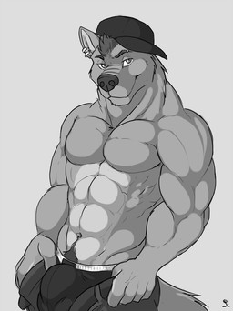 abs anthro body_hair bulge clothed clothing detailed_bulge ear_piercing ear_ring eyebrow_piercing eyebrow_ring facial_piercing happy_trail hat headgear headwear looking_at_viewer male male_anthro muscular muscular_anthro muscular_male narrowed_eyes open_bottomwear open_clothing pecs piercing ring_piercing simple_background solo standing topless solaxe_(artist) ravidwolf solaxe canid canine mammal monochrome