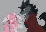 anthro black_body black_fur clothed clothing duo female fur male pink_body pink_fur smile bloowolfy rosemary_(bloowolfy) canid canine canis domestic_cat felid feline felis mammal wolf 2023 hi_res