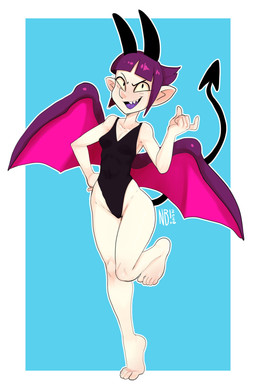 5_fingers 5_toes barefoot big_horn big_wings blue_background border breasts clothed clothing feet female fingers hair horn humanoid_pointy_ears leotard medium_breasts membrane_(anatomy) membranous_wings not_furry on_one_leg open_mouth open_smile pale_body pale_skin plantigrade pointy_ears pointy_nose pose purple_hair raised_calf raised_heel raised_leg sharp_teeth short_hair simple_background smile solo spade_tail standing tail teeth toes white_border wings nerdbayne a_for_angel devil_teacher demon demon_humanoid humanoid 2026 absurd_res hi_res