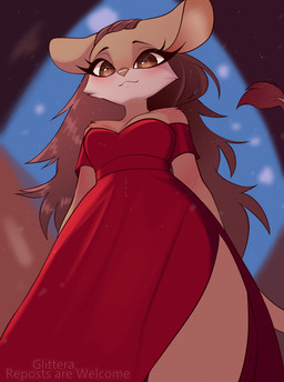 anthro blurred_background blush breasts brown_eyes brown_hair clothed clothing dress eyelashes female fur hair long_dress long_eyelashes long_hair looking_at_viewer low-angle_view medium_breasts off_shoulder red_clothing red_dress smile solo standing tail tail_tuft tan_body tan_fur tuft glitter_galaxia dipodid jerboa mammal rodent 2026 colored digital_drawing_(artwork) digital_media_(artwork) hi_res shaded