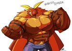 abs anthro biceps big_pecs body_hair bottomwear chest_hair clothed clothing eyewear flexing glasses happy male muscular muscular_anthro muscular_male pants pecs solo topless vein wings yongdasom biceptember savon arthropod insect lepidopteran moth hi_res