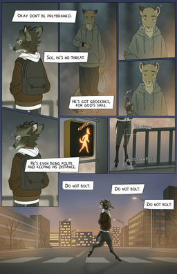 4_toes 5_fingers anthro backpack barefoot biped brown_body brown_eyes brown_fur building clothed clothed_anthro clothing cloven_hooves crosswalk digitigrade duo fangs feet fingers fur gesture grey_body grey_fur head_tuft hindpaw holding_bag hooves horn inner_monologue male male_anthro paws pointy_ears prick_ears snout street street_lamp tail teeth text text_box thinking toes traffic_light tuft tusks unguligrade walking walking_signal waving yellow_sclera falco_works pen_(falco_works) cervine cougar deer felid feline mammal tufted_deer 2023 comic digital_media_(artwork) english_text hi_res