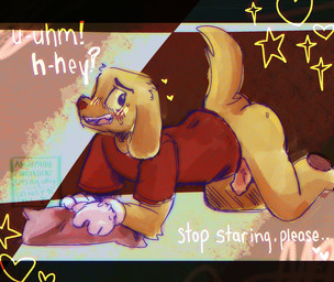 added_anatomy anthro blush bodily_fluids clothing cute_fangs dialogue fangs genitals gloves handwear knot knotted_penis looking_at_viewer male nervous nervous_smile nervous_sweat nude_anthro penis public public_nudity red_clothing red_shirt red_t-shirt red_topwear shirt smile solo sweat t-shirt teeth topwear white_clothing white_gloves white_handwear angelpsyche glitch_productions the_amazing_digital_circus scratch_(tadc) bird_dog canid canine canis domestic_dog golden_retriever hunting_dog mammal retriever hi_res