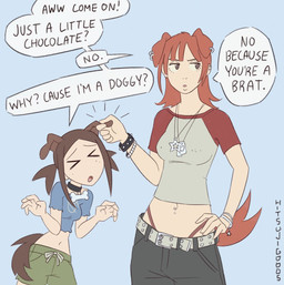 >.< age_difference blue_clothing blue_shirt blue_topwear bottomwear bracelet breasts brown_hair clothed clothing collar crop_top dialogue dog_tags dog_tail duo ear_piercing ear_pull female floppy_ears folded_ears fully_clothed green_bottomwear green_clothing green_shorts hair hand_on_hip human_and_animal_ears jewelry light_body light_skin looking_aside medium_breasts midriff multi_ear navel navel_piercing necklace nipple_outline older_sister pain piercing red_hair shirt shorts size_difference speech_bubble spiked_bracelet spikes standing t-shirt tail text thong thong_straps topwear underwear younger_female hitsujigoods mitsu_inumoto vhs_inumoto animal_humanoid canid canid_humanoid canine canine_humanoid dog_humanoid humanoid mammal mammal_humanoid tailed_humanoid artist_name english_text hi_res signature sibling_(lore) sister_(lore) sisters_(lore)
