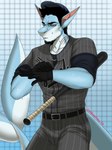 anthro baseball_bat baseball_uniform bat_(object) belt big_tail blue_body bodily_fluids clothed clothing facial_hair forearms fully_clothed gills gloves handwear male muscular muscular_male solo sportswear sweat tail uniform goddamnitrobin xoc_onda fish marine shark 3:4 hi_res