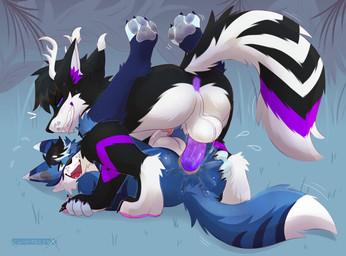 anal anal_penetration anthro anus backsack balls black_body black_fur black_hair blue_body blue_fur bodily_fluids butt duo ear_tuft ears_back from_front_position fur fur_markings genital_fluids genitals hair holding_down humanoid_genitalia humanoid_penis leaking_anus leaking_precum leg_markings legs_up lying male male/male male_penetrated male_penetrating markings mating_press narrowed_eyes on_back on_top on_top_of_another one_eye_closed open_mouth pawpads penetration penile penile_penetration penis penis_in_ass pivoted_ears precum purple_hair purple_markings purple_penis rear_view saggy_balls sex simple_background smile smiling_at_another smiling_at_partner smirk smirking_at_partner smirking_dom spread_legs spreading tail tail_markings teeth teeth_showing thrust_lines thrusting top_hole tuft wet wet_anus wet_penis white_body white_fur darkolynx foxmcloudd kosma_(kosma-naut) canid canine fox hybrid mammal procyonid raccoon hi_res