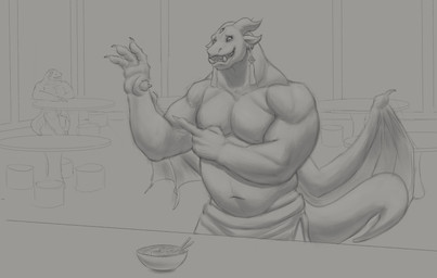 3_eyes anthro belly big_belly clothed clothing duo ear_piercing fangs furniture horn inside male membrane_(anatomy) membranous_wings multi_eye musclegut muscular muscular_anthro muscular_male open_mouth overweight overweight_anthro overweight_male pecs piercing sitting solo_focus table tail teeth topless wings aduran mythology milo_(aduran) crocodile crocodilian dragon mythological_creature mythological_scalie reptile scalie absurd_res hi_res monochrome sketch