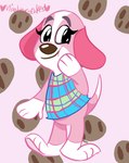 anthro barefoot biped black_eyes bottomless brown_nose clothed clothing cookie eyebrows feet female food looking_at_viewer multicolored_body pattern_clothing pattern_shirt pattern_topwear paws pink_background pink_body pink_ears plaid plaid_clothing plaid_shirt plaid_topwear shirt simple_background smile smiling_at_viewer solo tail topwear two_tone_body white_body mirabuncupcakes15 animal_crossing nintendo cookie_(animal_crossing) canid canine canis domestic_dog mammal 2020 digital_drawing_(artwork) digital_media_(artwork) full-length_portrait portrait