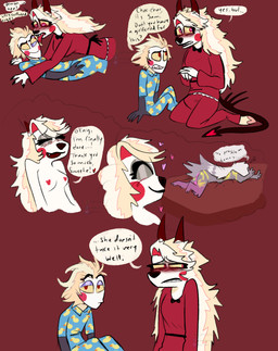 after_sex bite_mark blood blush bodily_fluids claw_marks clothing colored_blood colored_cum cum cum_inside dialogue duo female female/female forked_tongue genital_fluids in_heat male male/female pajamas pink_cum spade_tail tail text tongue unusual_blood unusual_bodily_fluids unusual_cum unusual_genital_fluids yellow_blood chimeracocks hazbin_hotel hellaverse charlie_morningstar lucifer_(hazbin_hotel) vaggi_(hazbin_hotel) angel demon fallen_angel humanoid absurd_res comic english_text hi_res daughter_(lore) father_(lore) father_and_child_(lore) father_and_daughter_(lore) incest_(lore) parent_(lore) parent_and_child_(lore) parent_and_daughter_(lore)