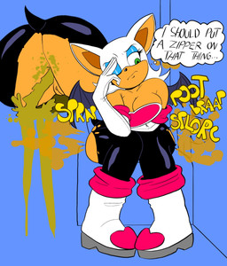 anthro bottomwear breasts clothing diarrhea dirty_butt feces feces_in_ass female genitals green_eyes pooping pooping_in_toilet sitting sitting_on_toilet solo text toilet toilet_use torn_bottomwear torn_clothing vulva literalshitd sega sonic_the_hedgehog_(series) rouge_the_bat bat mammal english_text hi_res