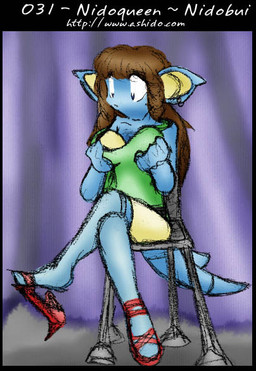 abstract_background anthro blue_body blue_scales brown_hair chair clothed clothing crossdressing drag_queen dress ear_piercing fake_breasts footwear furniture hair heelpop high_heels long_hair loose_footwear male piercing pokemorph scales shoe_dangle shoes sitting solo text wardrobe_malfunction zarla nintendo pokemon generation_1_pokemon nidoqueen pokemon_(species) url