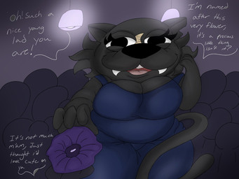 anthro big_breasts blue_clothing breasts clothing crowd dialogue dress fangs female flower fur grey_body grey_fur group long_tail mature_female nightclub overweight plant scar slightly_chubby solo tail teeth text toothy_smile jaythefox333 petunia_(jaythefox333) felid feline mammal 2025 4:3 digital_media_(artwork) english_text hi_res